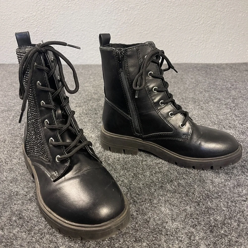 DKNY Girls Combat Boots Youth 2 Black Lace Up Zipper Rhinestone Lug Sole